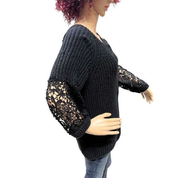 Lauren Conrad Black Crochet Sleeve Snap Front Cardigan Sweater Womens Large - Picture 4 of 12